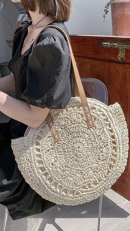 MAIRO LIFESTYLE Straw Wicker Handmade Boho Summer Beach Round Shoulder Bag (Beige - Flower)