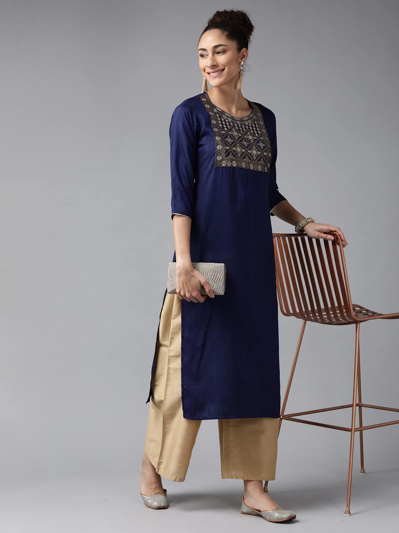 INDO ERA Women's Yoke Design Polyester Calf Length Straight Kurta (KT9NB2753_Navy Blue_Small)