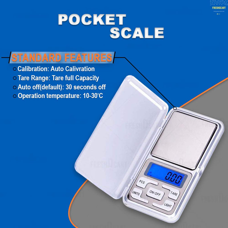 FreshDcart Mini Pocket Weight Scale Digital Jewellery/Chem/Kitchen Small Weighing Machine With Auto Calibration, Tare Full Capacity, Operational Temp 10-30 Degree ( 200 /0.01 G), Silver