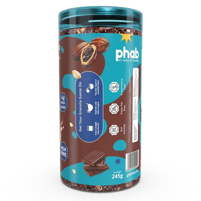 Phab - Crunchy Granola Cereals - Double Chocolate 245g | Breakfast Superfood with High Fiber | 44% Oats | Chocolate Chips, Arabian Dates & Pre-Biotics