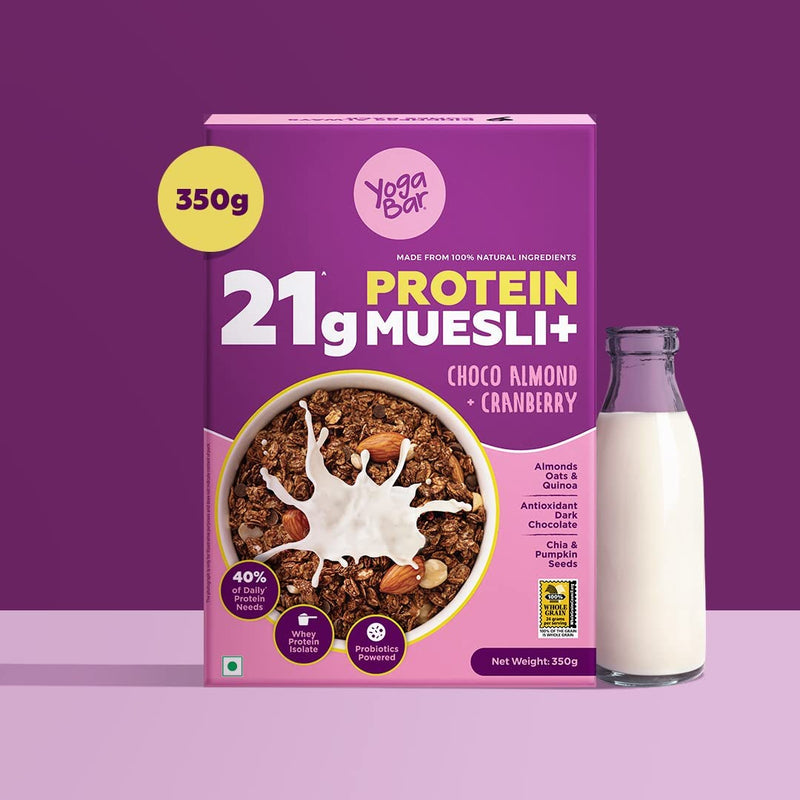 Yogabar High Protein Muesli - Choco Almond & Cranberry - 21g Protein Muesli with Premium Whey Protein Isolate 350g, and 1 High Protein Oats 850g | Choco Almond Oatmeal | High Fiber (Combo of 2)