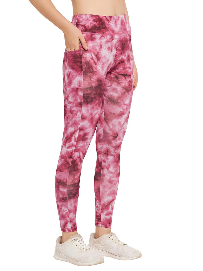 Clovia Women's High Rise Tie-Dye Print Active Tights with Side Pocket (AB0101P09_Maroon_L)