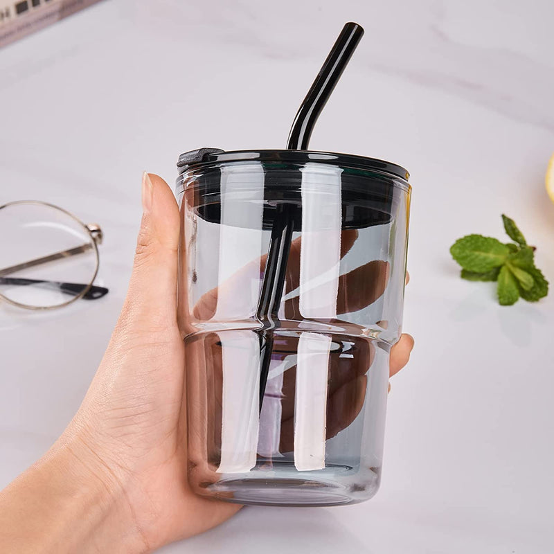 KELVEE Glass Reusable Sipper Bottle with Leather Sleeve Glass Coffee Mug with Silicone Straw and Leakproof Lid Tumbler for Coffee,Tea, Milk Beverages 435ml…