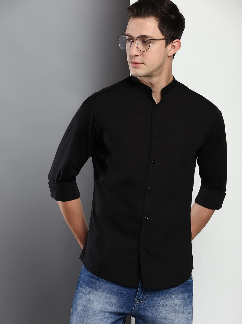 Dennis Lingo Men's Solid Casual Full Sleeves Black Cotton Shirt