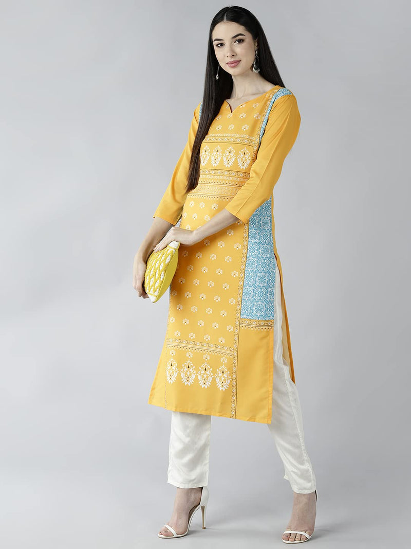 Vaamsi Women's Crepe Floral Printed Straight Kurta (VPK1583_Yellow_S)