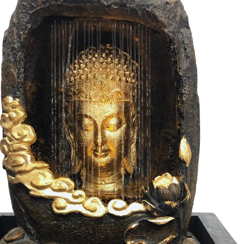 CHRONIKLE Polyresin Tabletop Gold Brown Meditating Buddha Sitting in Cave Style Indoor Front Curtain Waterfall Fountain for Home Decor with LED Light, Speed Controller Pump (Size: 40 x 22 x 29.5CM)