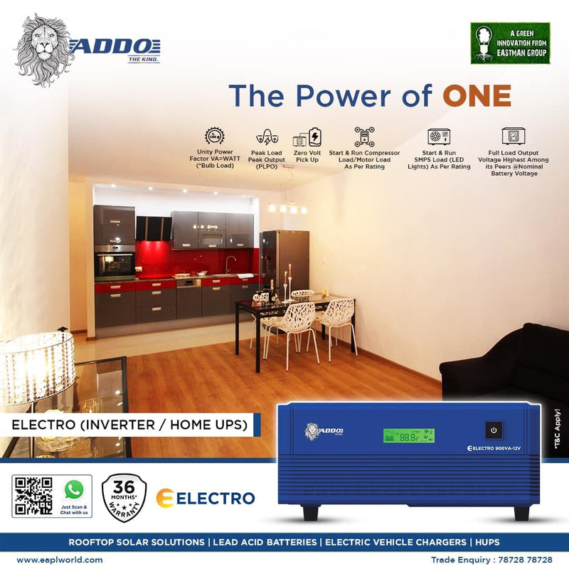 ADDO Electro 900VA=900WATT Squarewave Inverter/Home UPS with Digital LCM Display | Unity Power Factor VA=WATT (Bulb Load) | Zero Volt Pickup for Deep Discharge Batteries | 36 Months Warranty