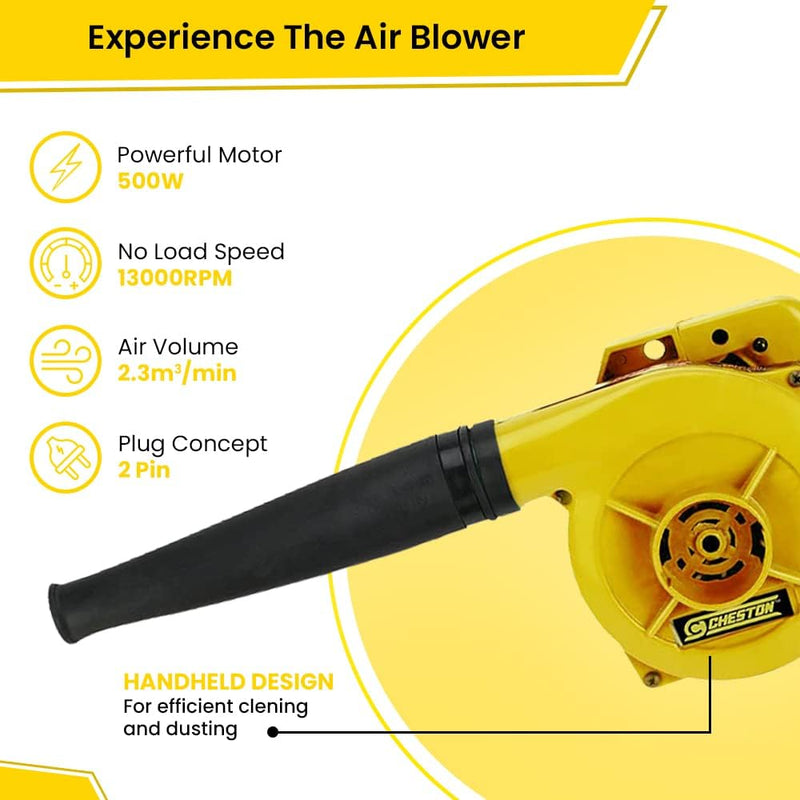 Cheston 500W Electric Air Blower - 17000 RPM Speed, 200V, Dust Cleaner for Electrical Gadgets, Kitchen Appliances, and Keyboard Cleaning (Yellow)