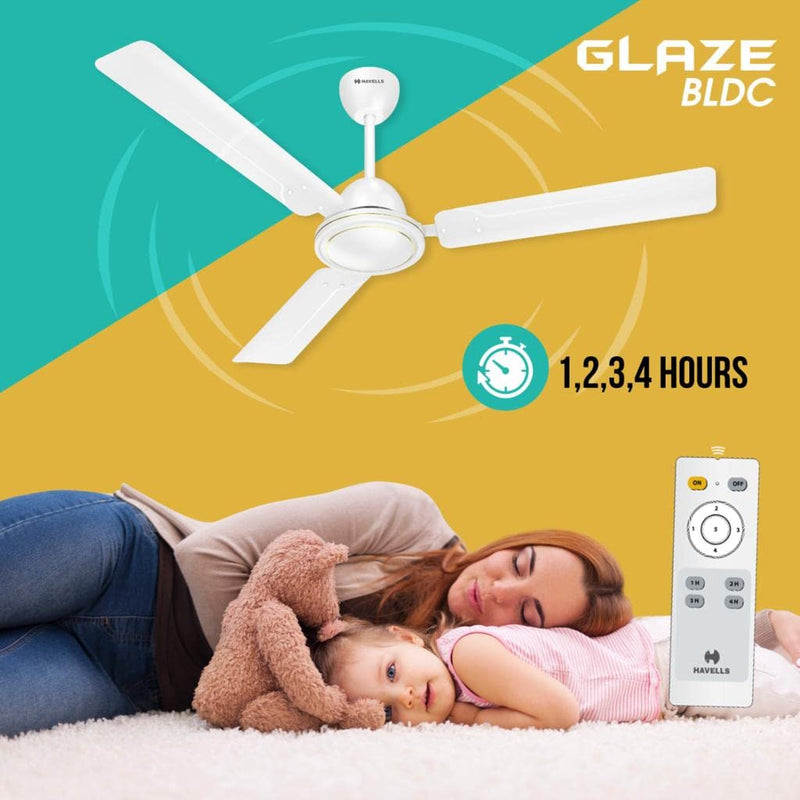 Havells Glaze Decorative BLDC 1200mm Energy Saving with Remote Control 5 Star Ceiling Fan (White, Pack of 1)