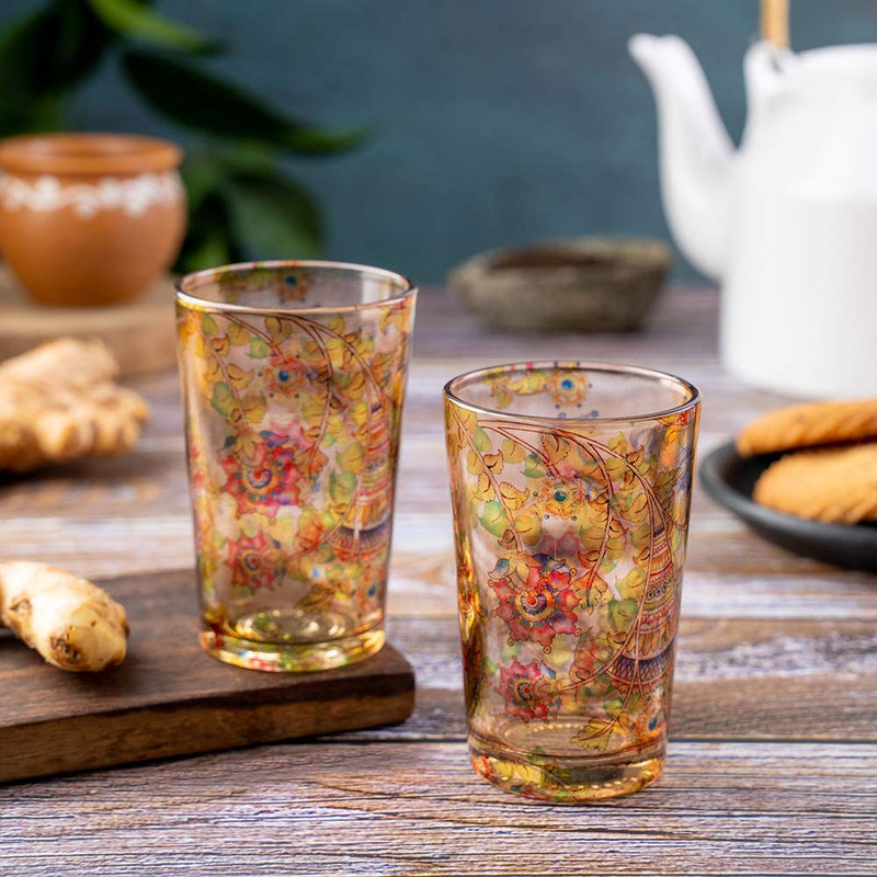 KOLOROBIA Kalamkari Finesse Chai Glass/Tea Glass, Flame Proof, Microwave & Dishwasher Safe | for Daily Use & Gifting, (Set of 2)