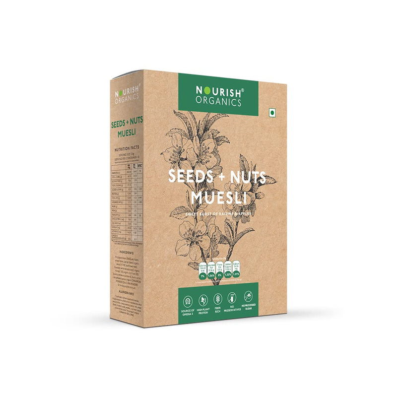 Nourish Organics Seeds and Nuts Muesli 300g Pack | Healthy and Nutritious Breakfast Cereals with Whole Nuts | No Refined Sugar | Clean Label