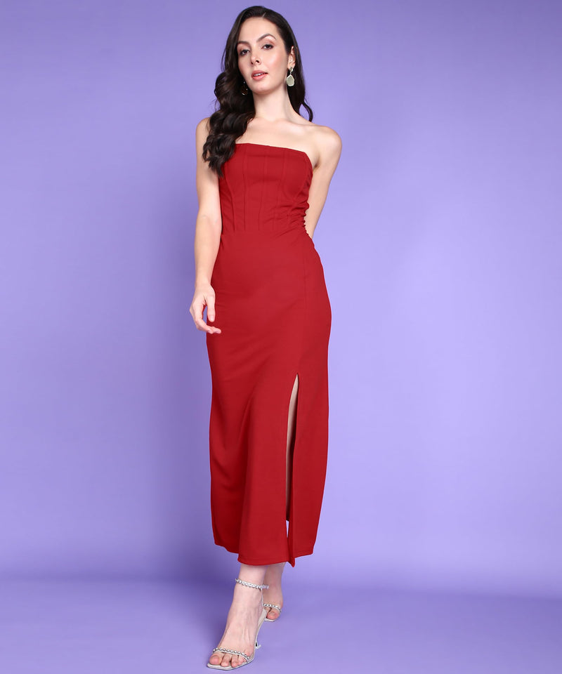 POPWINGS Women Red Long Corset Dress | Women Dress | Women Sleeveless Dress | Women Off Shoulder Neck Dress | Women Trendy Dress | Women Stylish Dress