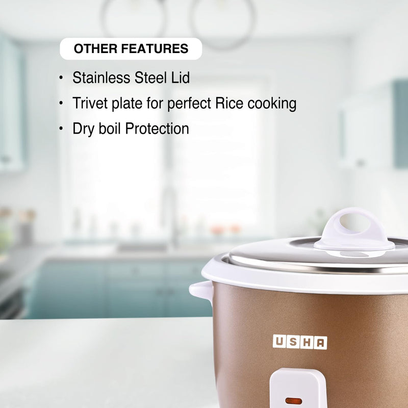 USHA RC18SS1 D 700 Watt 1.8 Litres Automatic Rice Cooker with Powerful Heating Element, Keep Rice Warm for 5 Hrs, Steamer, Trivet Plate & more accessories, 5 Yrs Warranty (Gold),with stainless steel lid