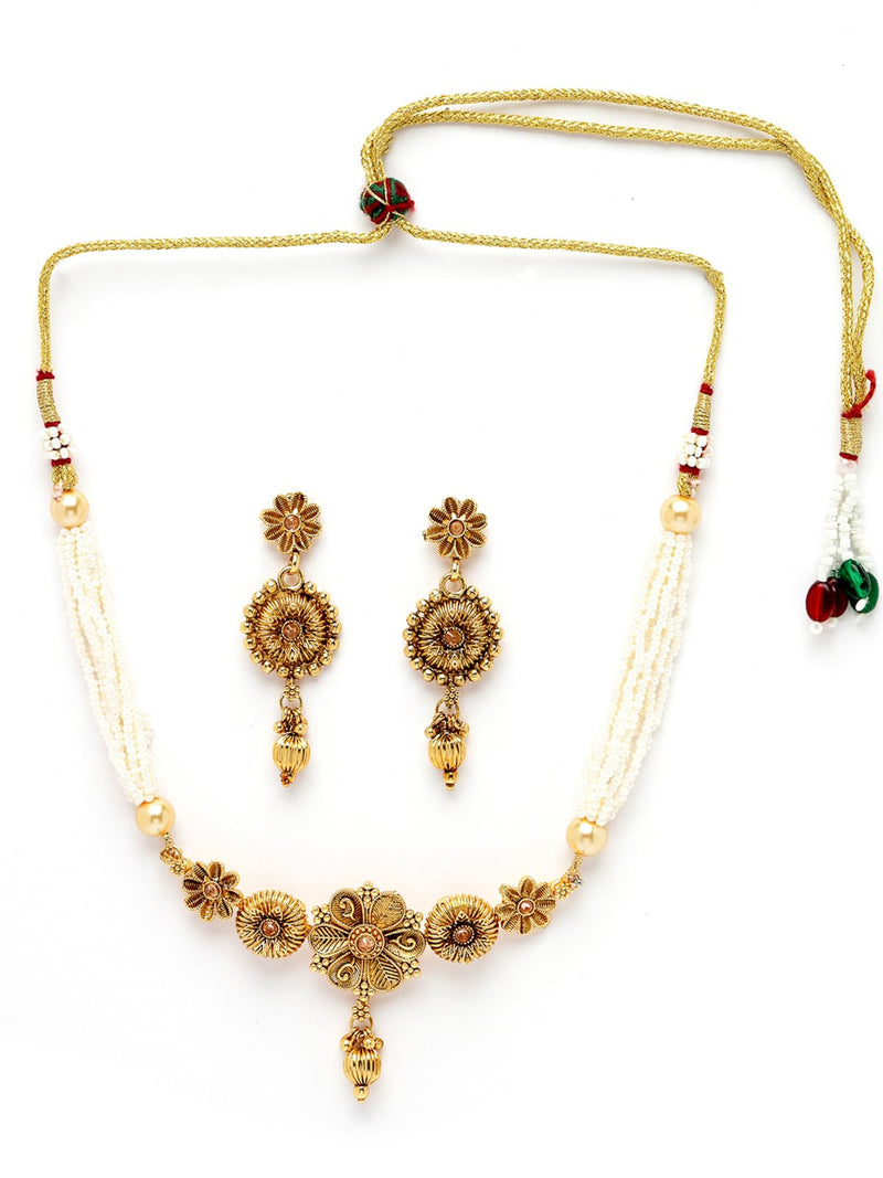 Sukkhi Attractive Gold Plated Gold Beads Copper Choker Necklace Set with Drop Earring | Jewellery Set For Women (NS105536)