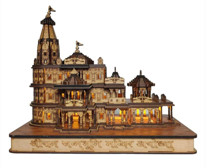 OXMIC Ram Mandir Ayodhya Wooden Temple Model 6 Inches Decorative Statue Ideal for Home Décor and Gifting (with LED)