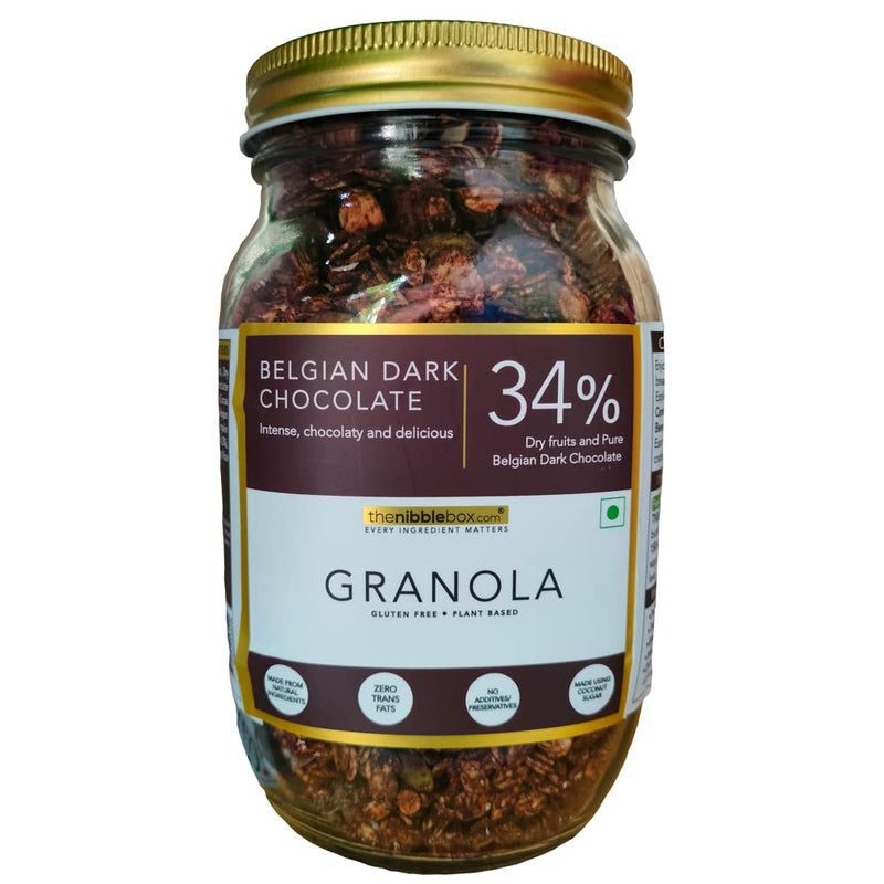 thenibblebox Belgian Dark Chocolate Granola 500g, Jar [34% dry fruits, Gluten free, Plant based/Vegan friendly, No preservatives/additives]