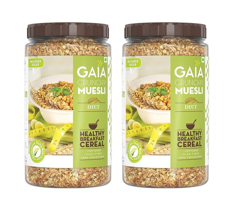 Gaia Diet Muesli - Healhty Diet Food - Power of Multigrain Oats,Wheat Flakes,High Fiber - Super Tasty and Delicious - Sugar Free Breakfast Cereal 1KG Jar(Pack of 2)