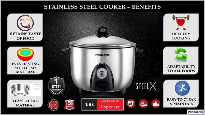 Panasonic SR-G18 (SUS) Stainless Steel Automatic Electric Rice Cooker (1.8 L, Silver)