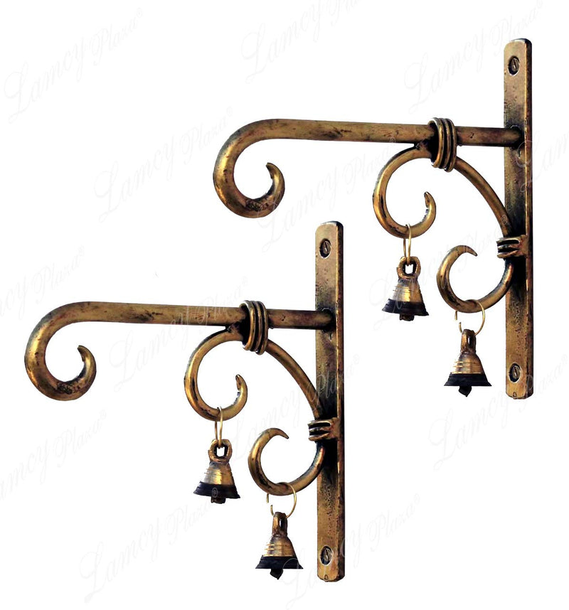 Lamcy Plaza Hand Forged Metal Antique Golden Wall Bracket for Hanging Planter | Wind Chime | Lantern | Bird Feeders | Tea Light Holder | Indoor | Outdoor | Each Size L8 X W1 X H8 Inches | Pack of 2