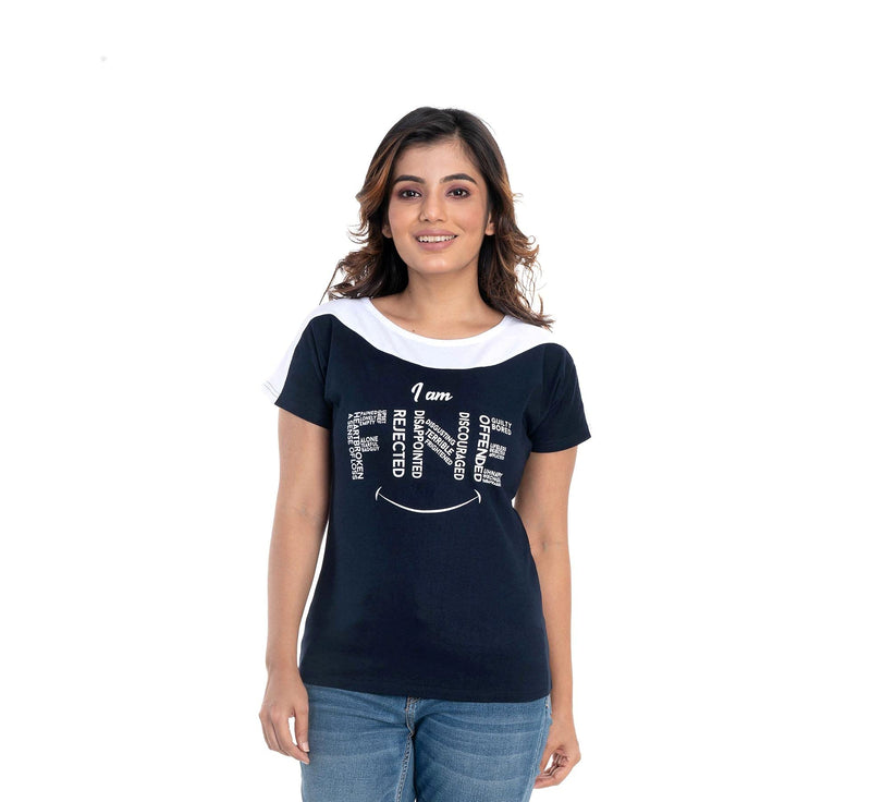 STYLE CLUB Printed Cotton Women Half Sleeve Round Neck T-Shirts // Top (Medium, Dark Blue)