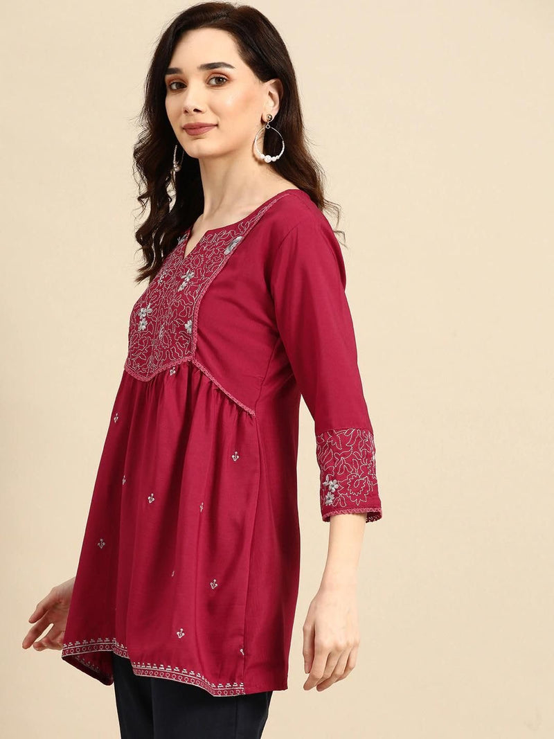 rytras Women's Embroidered Regular Fit Top(Maroon,L)