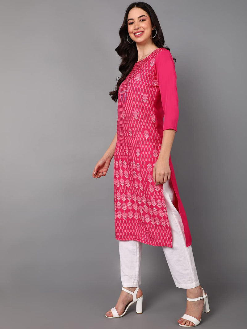 Vaamsi Women's Crepe Ethnic Motifs Printed Straight Kurta (VPK1676_Pink_L)