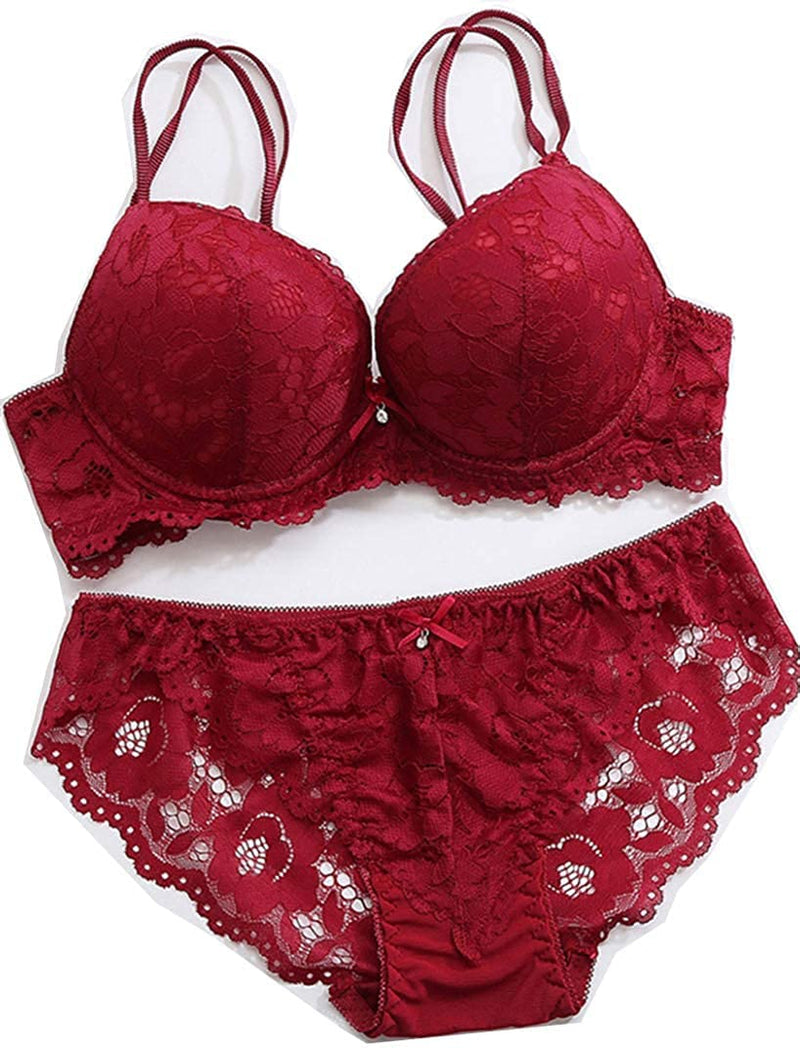 VINHI Women's Lace Push Up Underwired Solid Lingerie Set (32, Maroon)