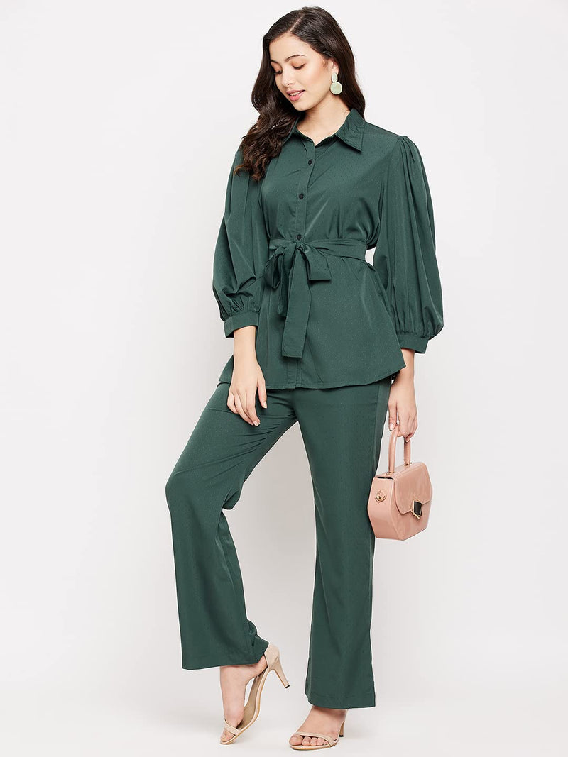 Fashfun Women's co-ord Set (Solid Crepe tie-up Shirt and Bootcut Pant Set) (Forest Green, Large) (SER-COORD-E-1-Q1-L) (Set of 3)