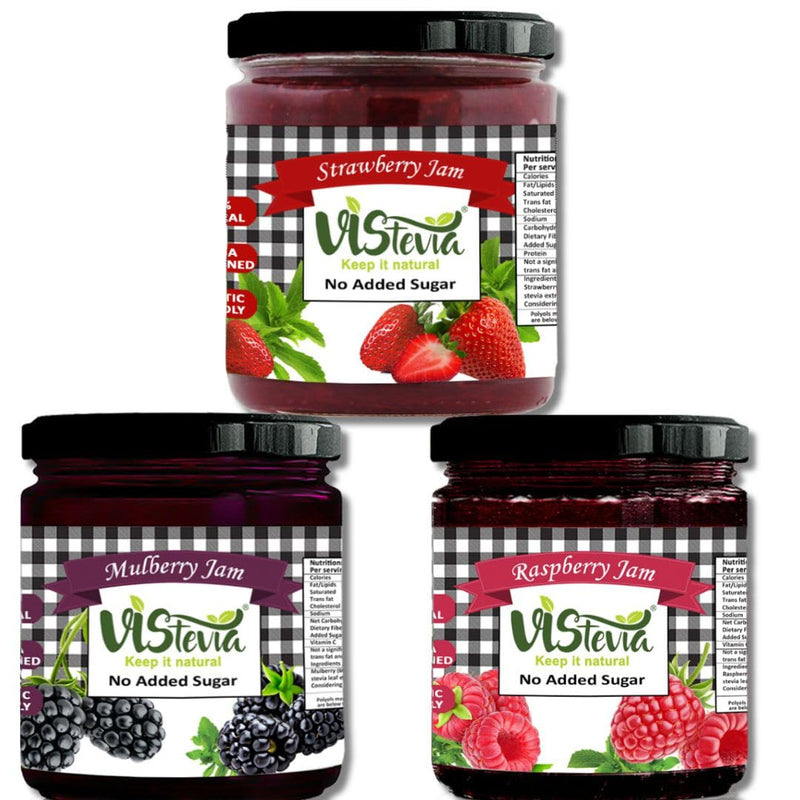 Vistevia Sugar Free Mulberry, Raspberry & Strawberry Jam, Diabetic and Keto Friendly - Sweetened Naturally with Stevia, More Than 60% Whole Berry Content - Tastes Delicious - Pack of 3 (220*3 GM)