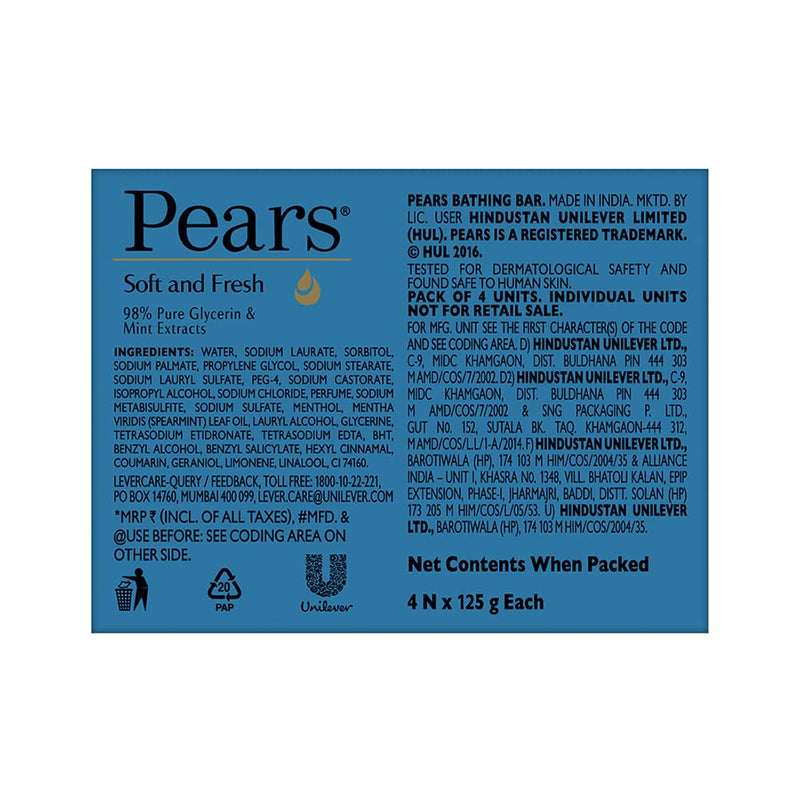 Pears Soft and Fresh Bathing Bar, 125g (Buy 3 Get 1 Free)