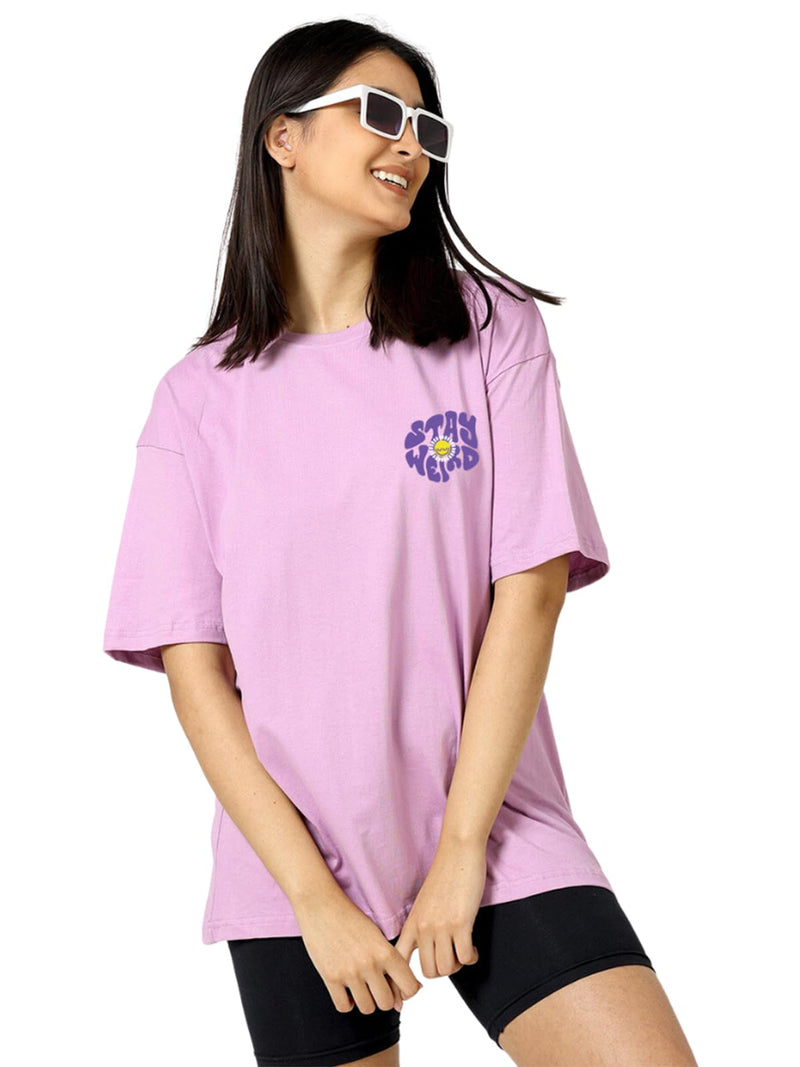 JUNEBERRY® Oversize Loose Baggy Fit Drop Shoulder Cool and Stylish Latest Stay Weird Pocket Print Design Lilac Half Sleeve T-Shirt for Women & Girls