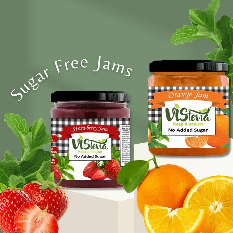 Vistevia Sugar Free Strawberry and Orange Jam, Diabetic and Keto Friendly - Sweetened Naturally with Stevia, More Than 60% Fruit Content - Tastes Delicious - Pack of 2 (220*2 GM)