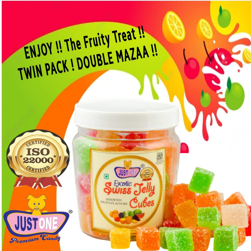 JUSTONE Swiss Jelly Mixed Fruit Soft Jelly Candy CUBES 500 Gms - SOFT JELLY Bites JUJUBE COMBO PACK of 2 ( 250 gms x 2) - Assorted Fruits Jelly candy - Jelly Beans - Jelly Candy pop || Jellies for kids and adults || Sugar coated Jelly Candy || Swiss Choco