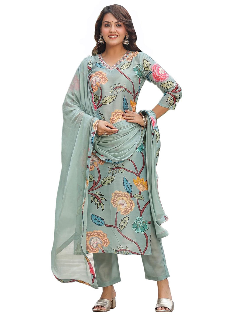 GoSriKi Women's Cotton Blend Floral Straight Kurta with Pant & Dupatta (Twig Pista-GS Small)