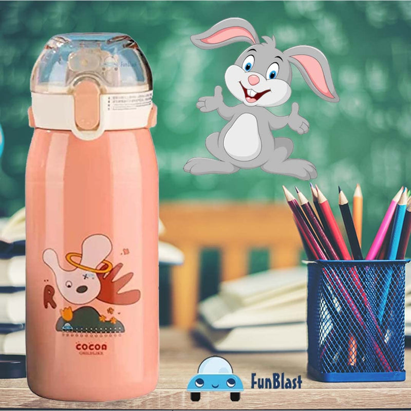 FunBlast Stainless Steel Water Bottle for Kids, Double Walled Vacuum Insulated, Cartoon Design Hot and Cold – Thermos Flask with Straw (530 Ml)