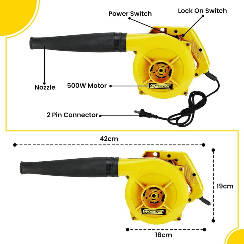 Cheston 500W Electric Air Blower - 17000 RPM Speed, 200V, Dust Cleaner for Electrical Gadgets, Kitchen Appliances, and Keyboard Cleaning (Yellow)