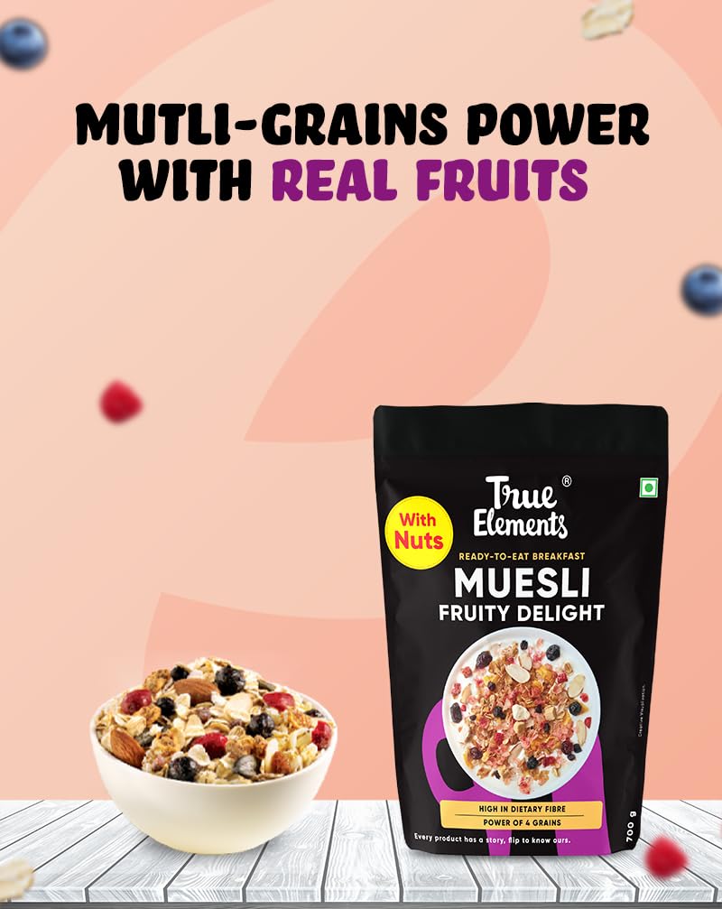 True Elements Muesli Fruity Delight 700gm | Natural Fruits & Nuts | Cereal for Breakfast | Rich In Fibre and Gluten Free Muesli