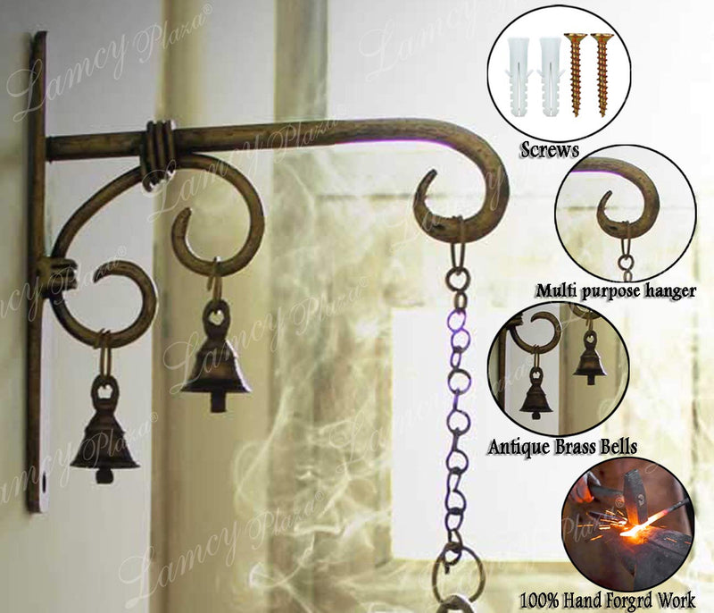 Lamcy Plaza Hand Forged Metal Antique Golden Wall Bracket for Hanging Planter | Wind Chime | Lantern | Bird Feeders | Tea Light Holder | Indoor | Outdoor | Each Size L8 X W1 X H8 Inches | Pack of 2