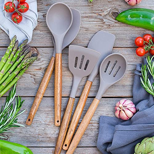 Zollyss Non-Stick Silicone Cooking Utensils Set with Natural Acacia Hard Wood Handle, 5 Piece, Grey, High Heat Resistant