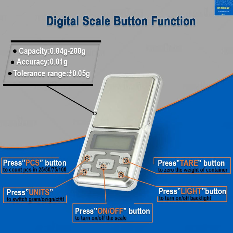 FreshDcart Digital Pocket Weight Scale Jewellery Weighing Chemical Mini Machine With Auto Calibration, Tare Full Capacity, Operational Temp 10-30 Degree ( 200 /0.01 G, Silver