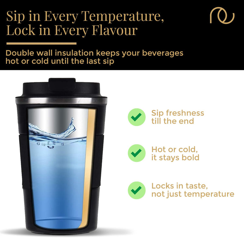 Frenchware Vacuum Insulated Mug, Travel Coffee Mug with Leakproof Lid, Reusable for Hot & Cold Coffee Water Tea, 3 Hours Hot & 8 Hours Cold, Non-Slip Protective Cover (510 ml, Black)