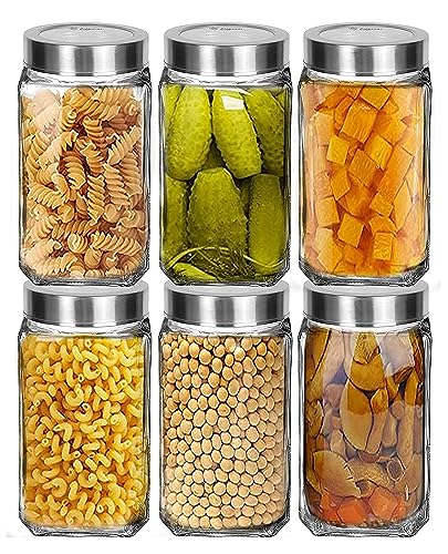 Vency Glass Square Shape Transparent Glass Jars & Containers for Kitchen Pantry, Snacks, Masala, Pickles, Dry Fruits, Coffee Beans Storage with Steel See Through Lid (Set Of 6) (1000ml Steel Cap)