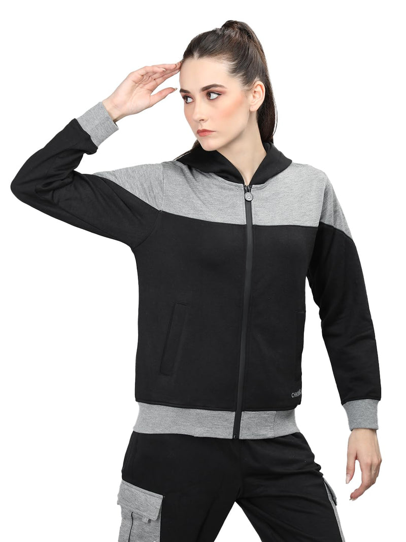 CHKOKKO Women Winter Sports Zipper Hooded Stylish Jacket Light Grey Black XL