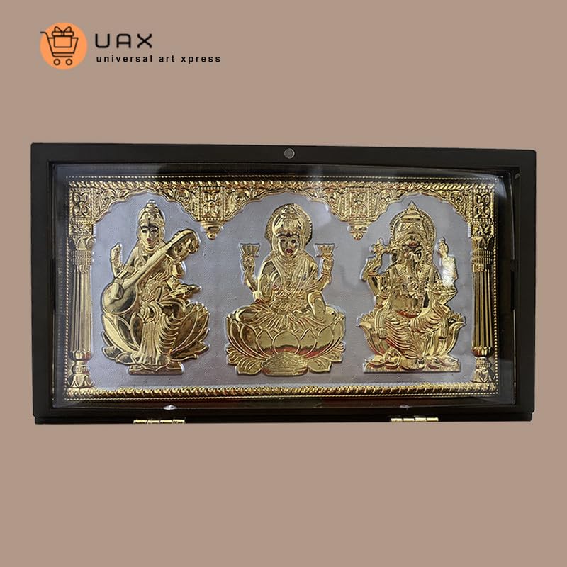 UAX® Laxmi Ganpati Saraswati Gold Plated Pooja Box with Charan Paduka for Pooja | Gift Box for Diwali | Scented Elegance | Gold Colour