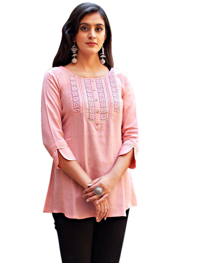 Chokhi Bandhni Women's Rayon Embroidered Regular Fit Top (CB-137-Pink-L)