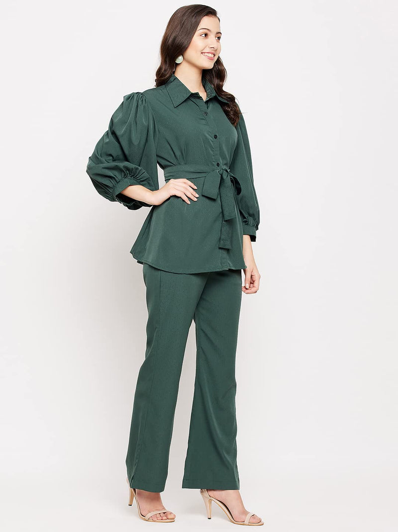 Fashfun Women's co-ord Set (Solid Crepe tie-up Shirt and Bootcut Pant Set) (Forest Green, Large) (SER-COORD-E-1-Q1-L) (Set of 3)