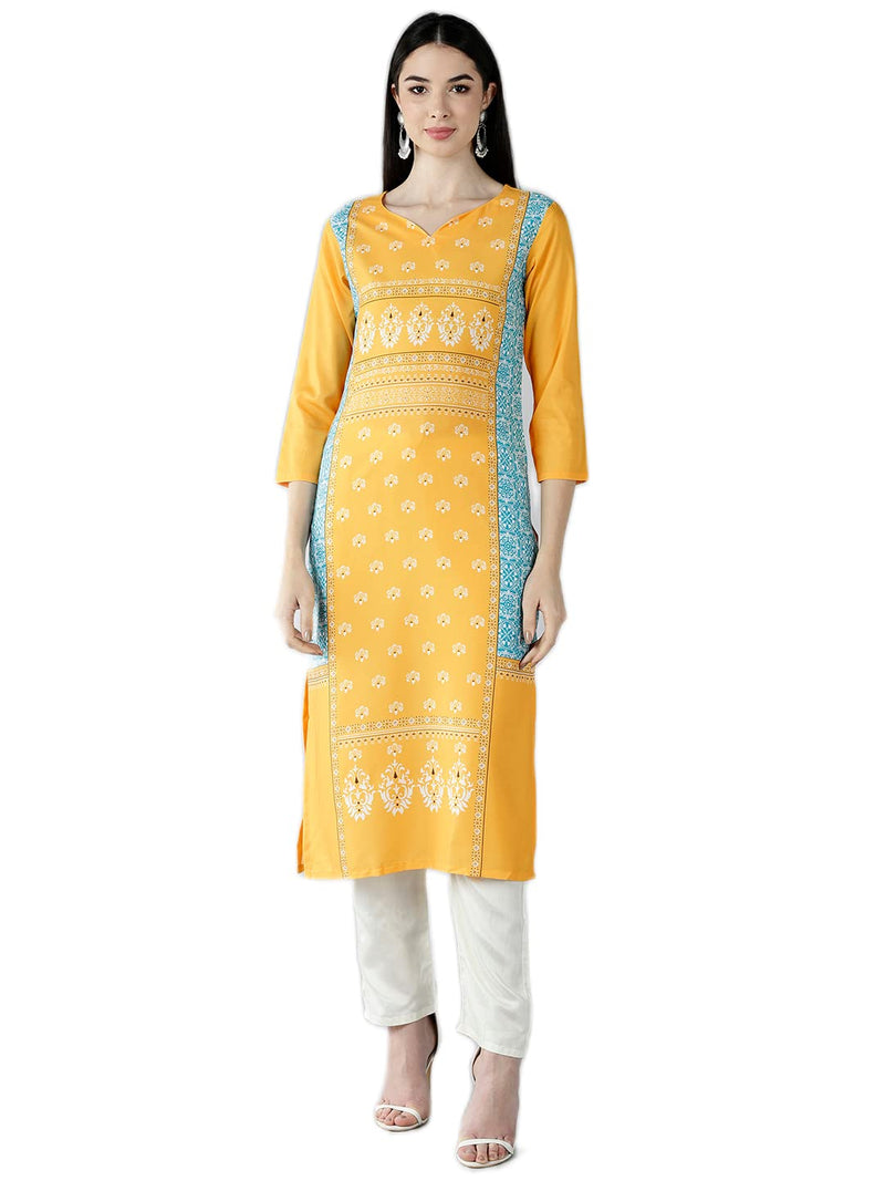 Vaamsi Women's Crepe Floral Printed Straight Kurta (VPK1583_Yellow_S)