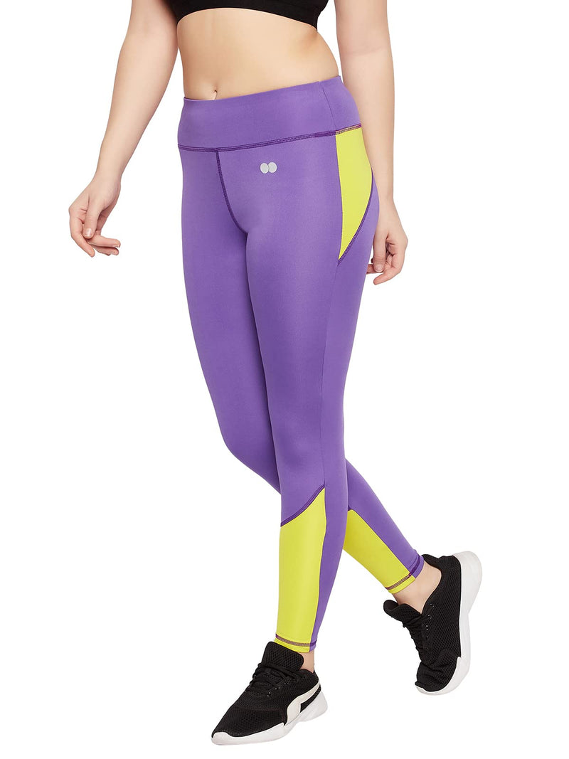 Clovia Women's High Rise Active Tights with Coloured Panels (AB0120D15_Purple_L)