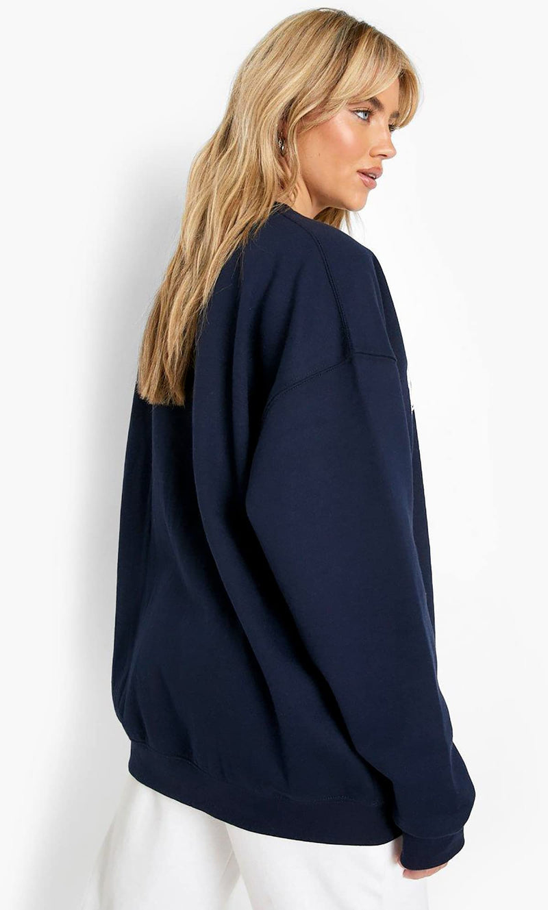 LEOTUDE Women's Loop Knit Round Neck Loose Sweatshirt (Grl_Nvystr_P_Navy_L)