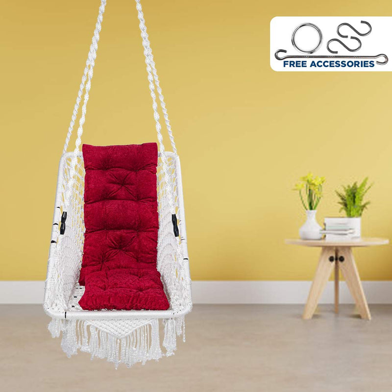 Patiofy Premium Rectangle Shape Swing/Swing for Balcony/Swing for Adults/Swing Chair for Adults for Home/Hammock Swing for Adults/Jhoola Jhula for Adults with Red Square Cushion & Hanging Kit- White